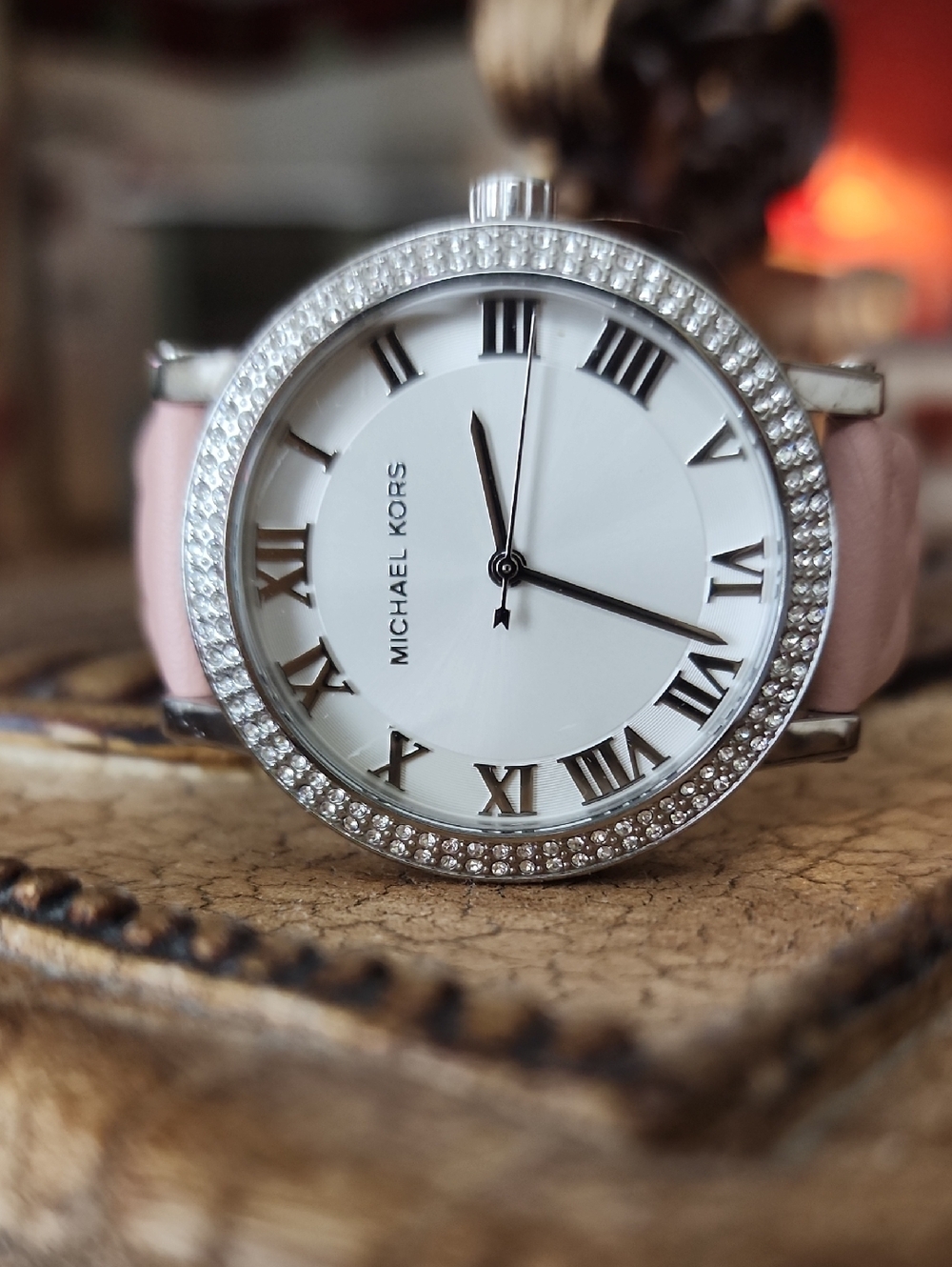 Michael Kors Silver Crystal Bezel Watch with Pink Leather Strap